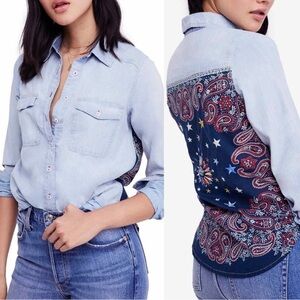 Free People Bandana Bandit Light Blue Denim Button Down Shirt with Paisley Back